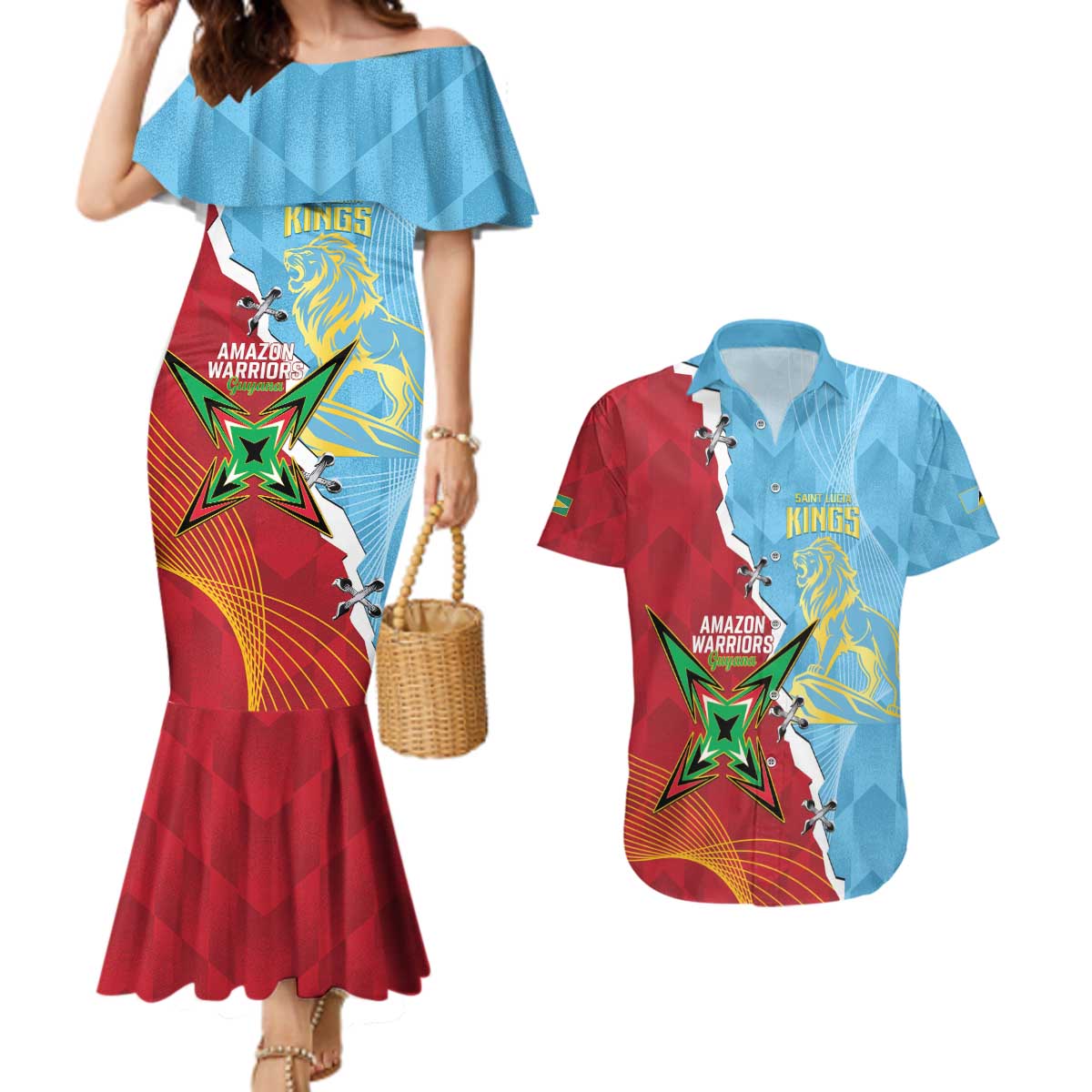 Saint Lucia and Guyana Cricket Personalized Couples Matching Mermaid Dress and Hawaiian Shirt Kings Amazon Warriors Together - Wonder Print Shop