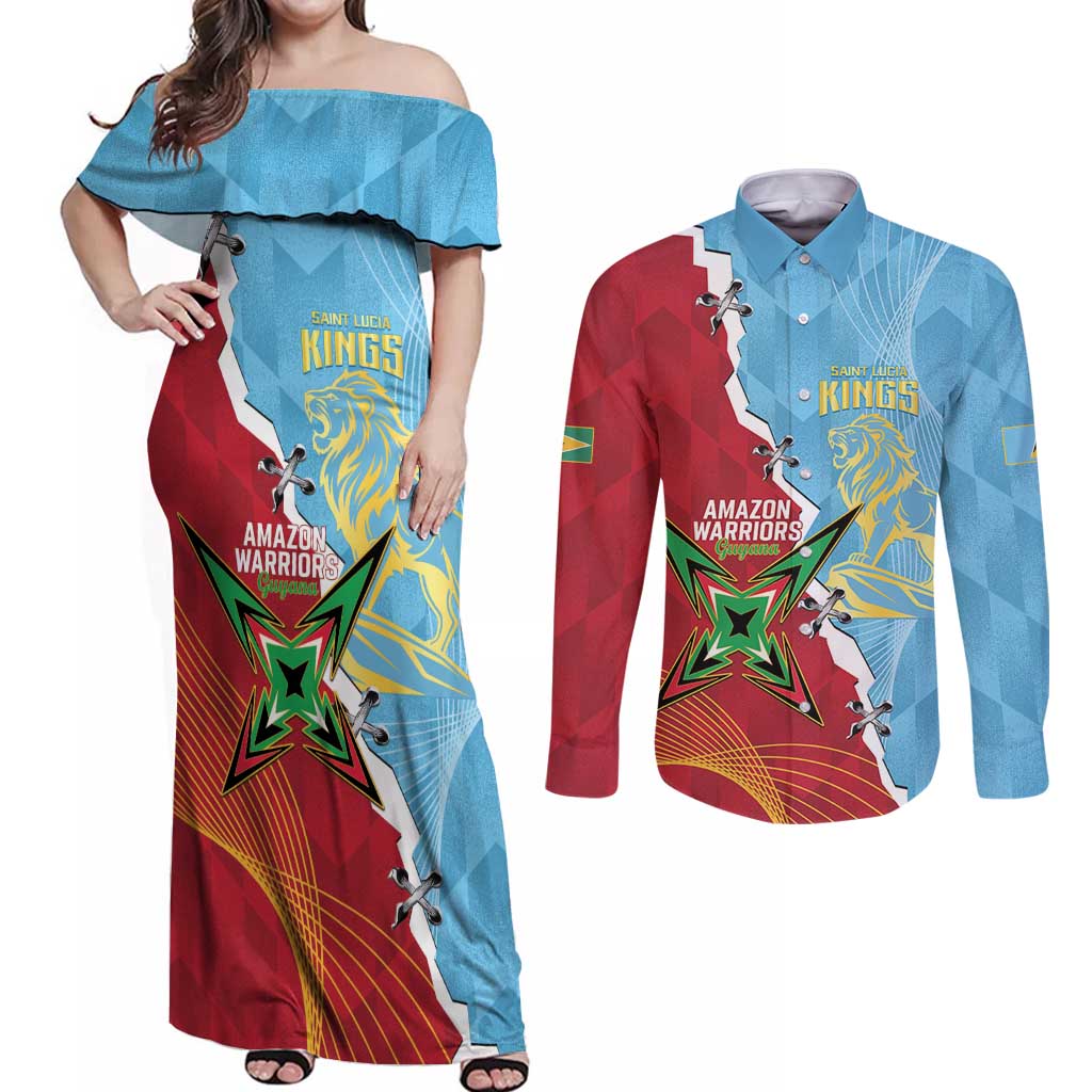 Saint Lucia and Guyana Cricket Personalized Couples Matching Off Shoulder Maxi Dress and Long Sleeve Button Shirt Kings Amazon Warriors Together - Wonder Print Shop