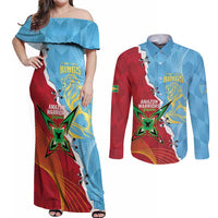 Saint Lucia and Guyana Cricket Personalized Couples Matching Off Shoulder Maxi Dress and Long Sleeve Button Shirt Kings Amazon Warriors Together - Wonder Print Shop