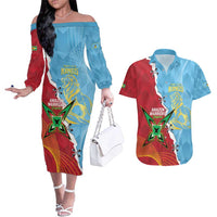 Saint Lucia and Guyana Cricket Personalized Couples Matching Off The Shoulder Long Sleeve Dress and Hawaiian Shirt Kings Amazon Warriors Together - Wonder Print Shop