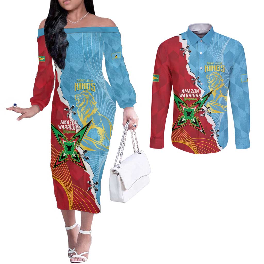 Saint Lucia and Guyana Cricket Personalized Couples Matching Off The Shoulder Long Sleeve Dress and Long Sleeve Button Shirt Kings Amazon Warriors Together - Wonder Print Shop