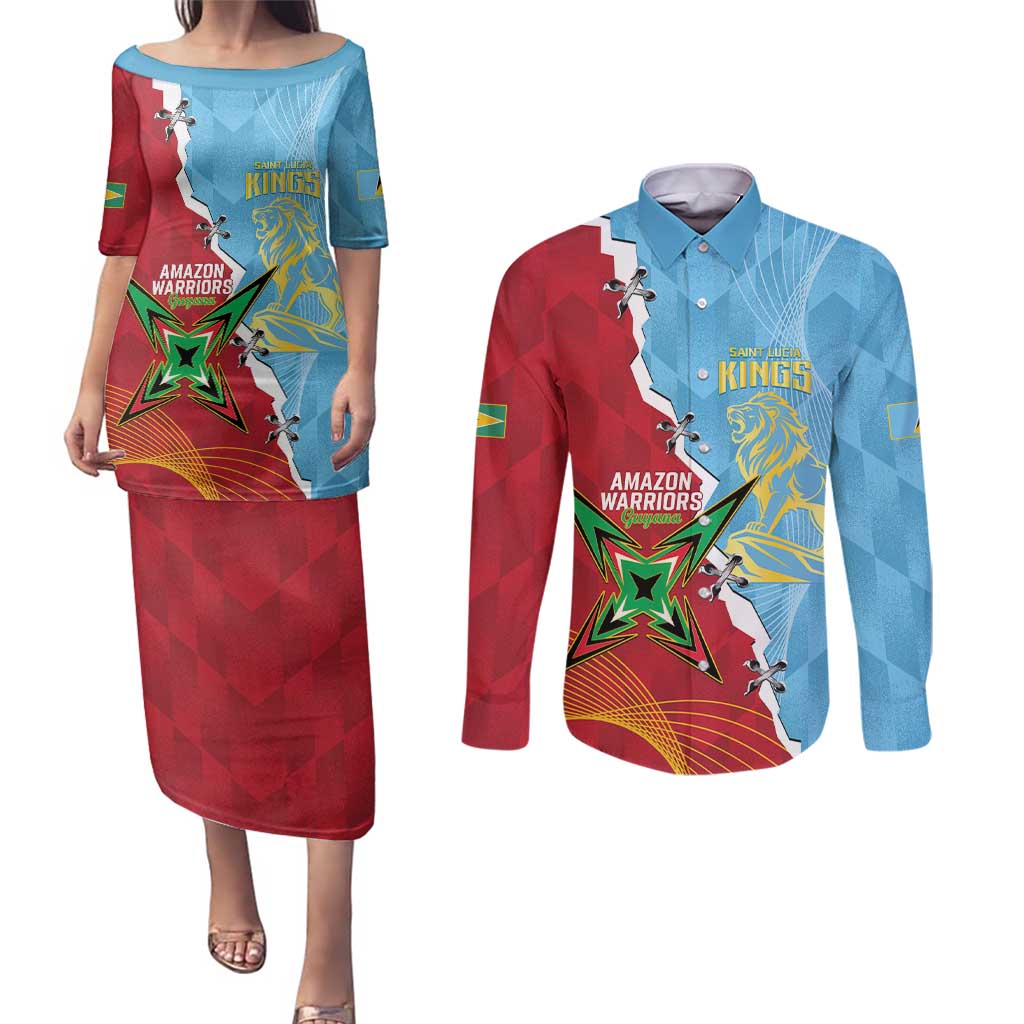 Saint Lucia and Guyana Cricket Personalized Couples Matching Puletasi and Long Sleeve Button Shirt Kings Amazon Warriors Together - Wonder Print Shop