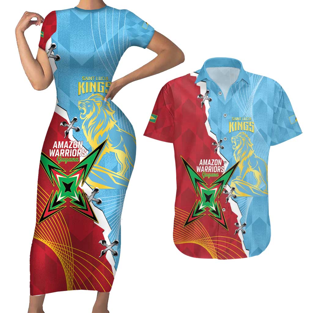 Saint Lucia and Guyana Cricket Personalized Couples Matching Short Sleeve Bodycon Dress and Hawaiian Shirt Kings Amazon Warriors Together - Wonder Print Shop