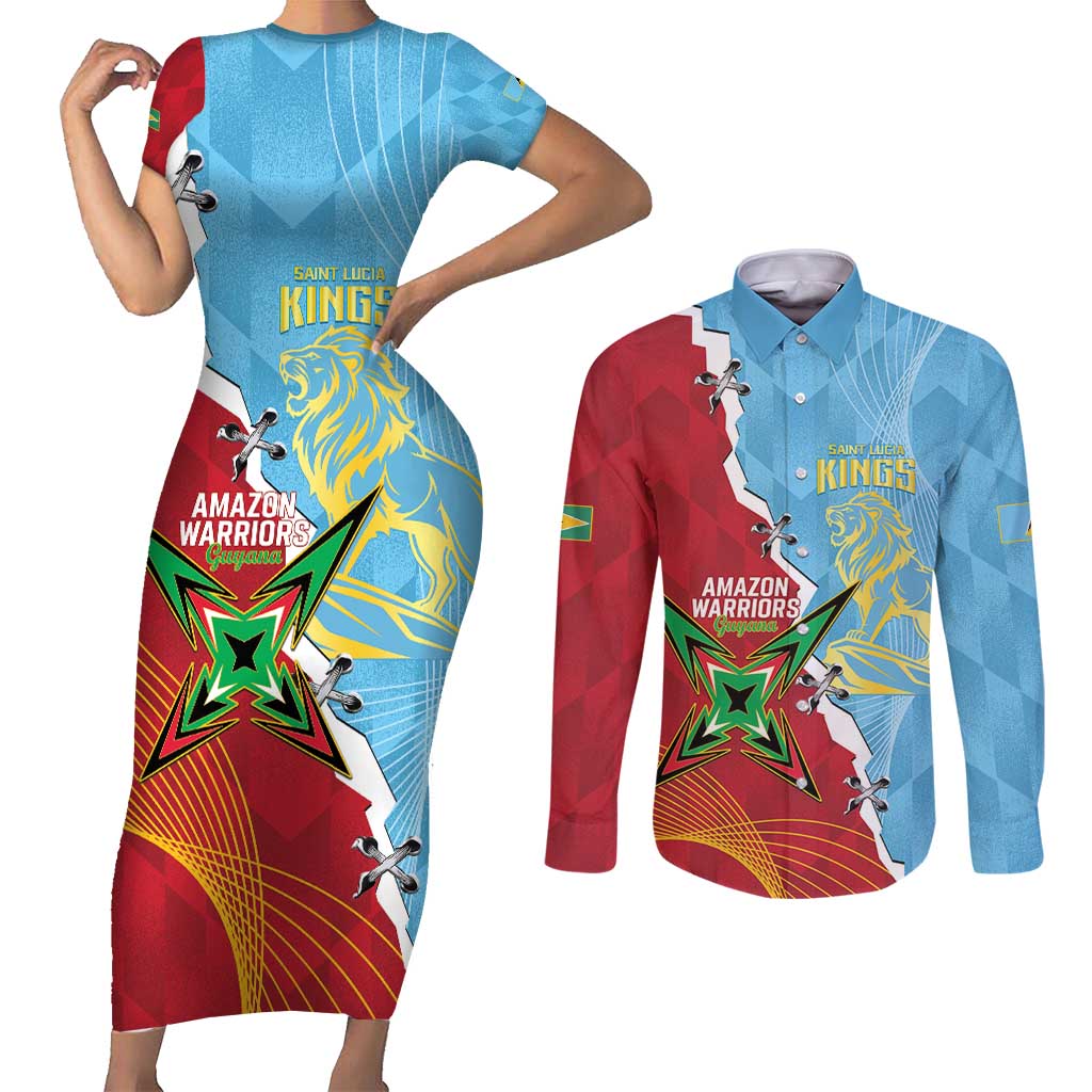 Saint Lucia and Guyana Cricket Personalized Couples Matching Short Sleeve Bodycon Dress and Long Sleeve Button Shirt Kings Amazon Warriors Together - Wonder Print Shop