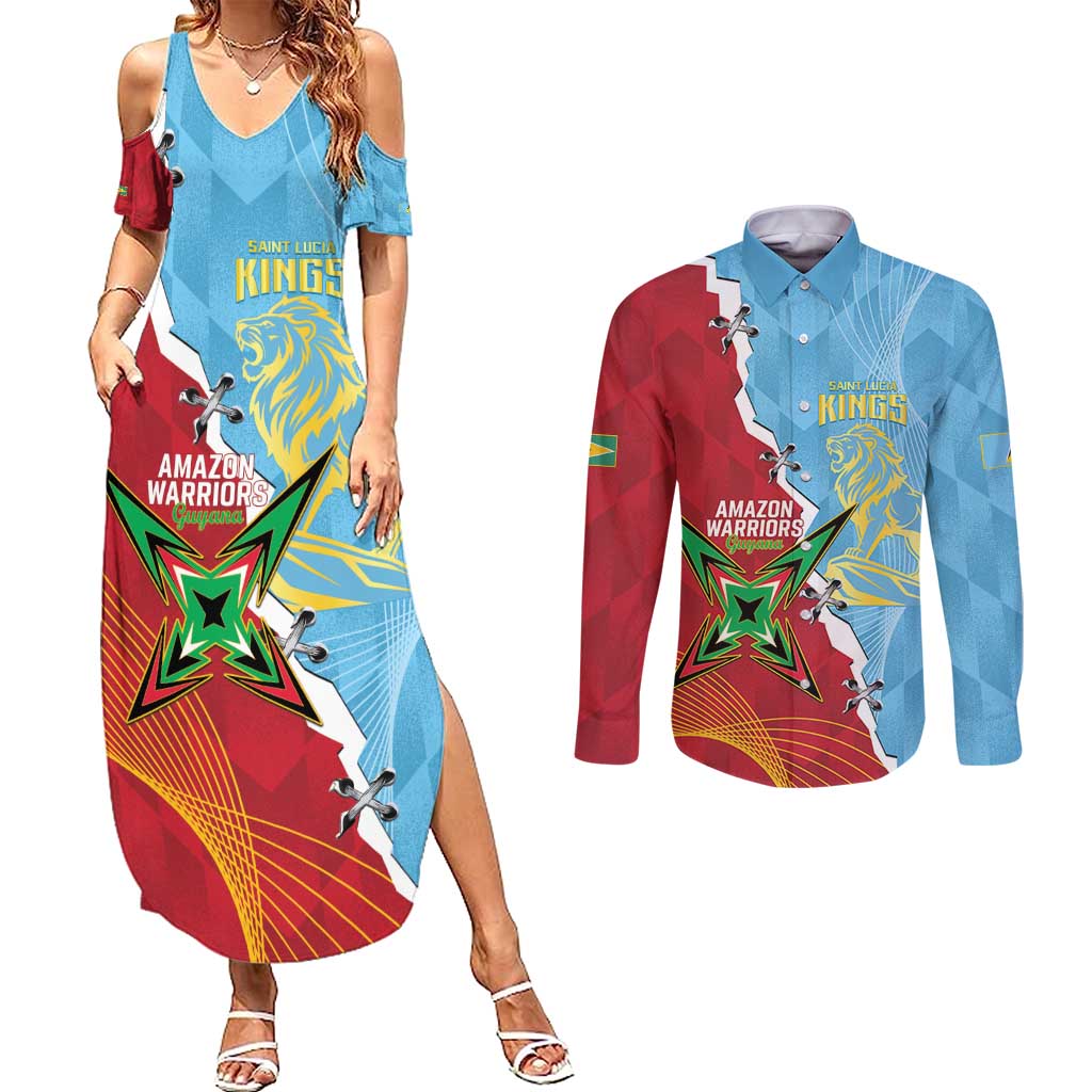 Saint Lucia and Guyana Cricket Personalized Couples Matching Summer Maxi Dress and Long Sleeve Button Shirt Kings Amazon Warriors Together - Wonder Print Shop