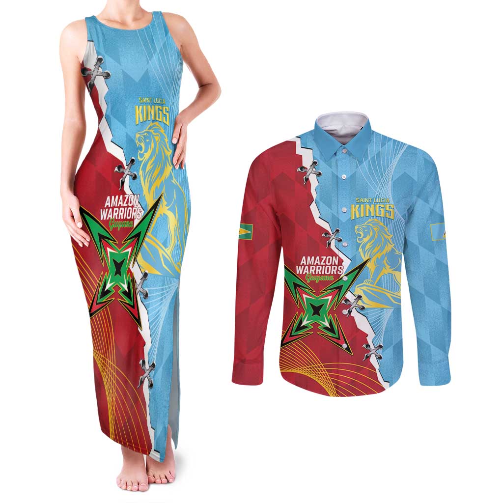 Saint Lucia and Guyana Cricket Personalized Couples Matching Tank Maxi Dress and Long Sleeve Button Shirt Kings Amazon Warriors Together - Wonder Print Shop