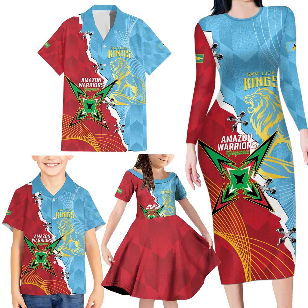Saint Lucia and Guyana Cricket Personalized Family Matching Long Sleeve Bodycon Dress and Hawaiian Shirt Kings Amazon Warriors Together - Wonder Print Shop