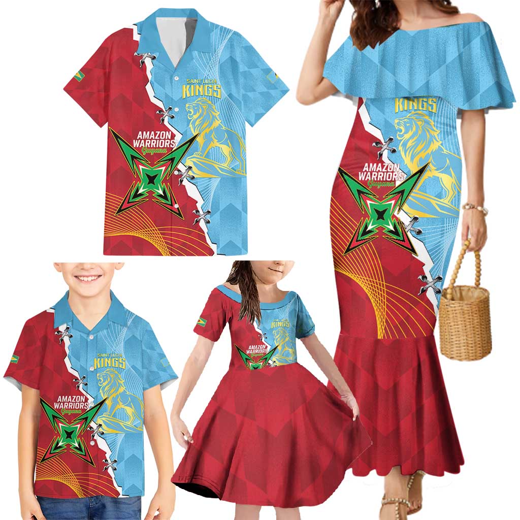 Saint Lucia and Guyana Cricket Personalized Family Matching Mermaid Dress and Hawaiian Shirt Kings Amazon Warriors Together - Wonder Print Shop