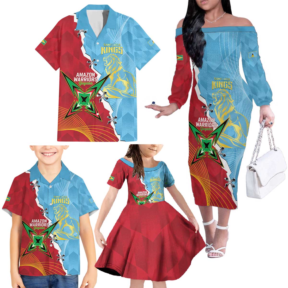 Saint Lucia and Guyana Cricket Personalized Family Matching Off The Shoulder Long Sleeve Dress and Hawaiian Shirt Kings Amazon Warriors Together - Wonder Print Shop