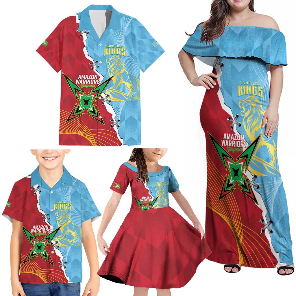 Saint Lucia and Guyana Cricket Personalized Family Matching Off Shoulder Maxi Dress and Hawaiian Shirt Kings Amazon Warriors Together - Wonder Print Shop