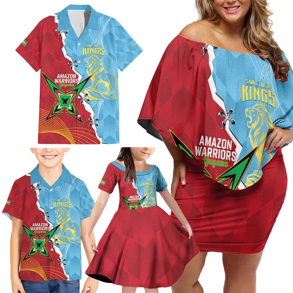 Saint Lucia and Guyana Cricket Personalized Family Matching Off Shoulder Short Dress and Hawaiian Shirt Kings Amazon Warriors Together - Wonder Print Shop