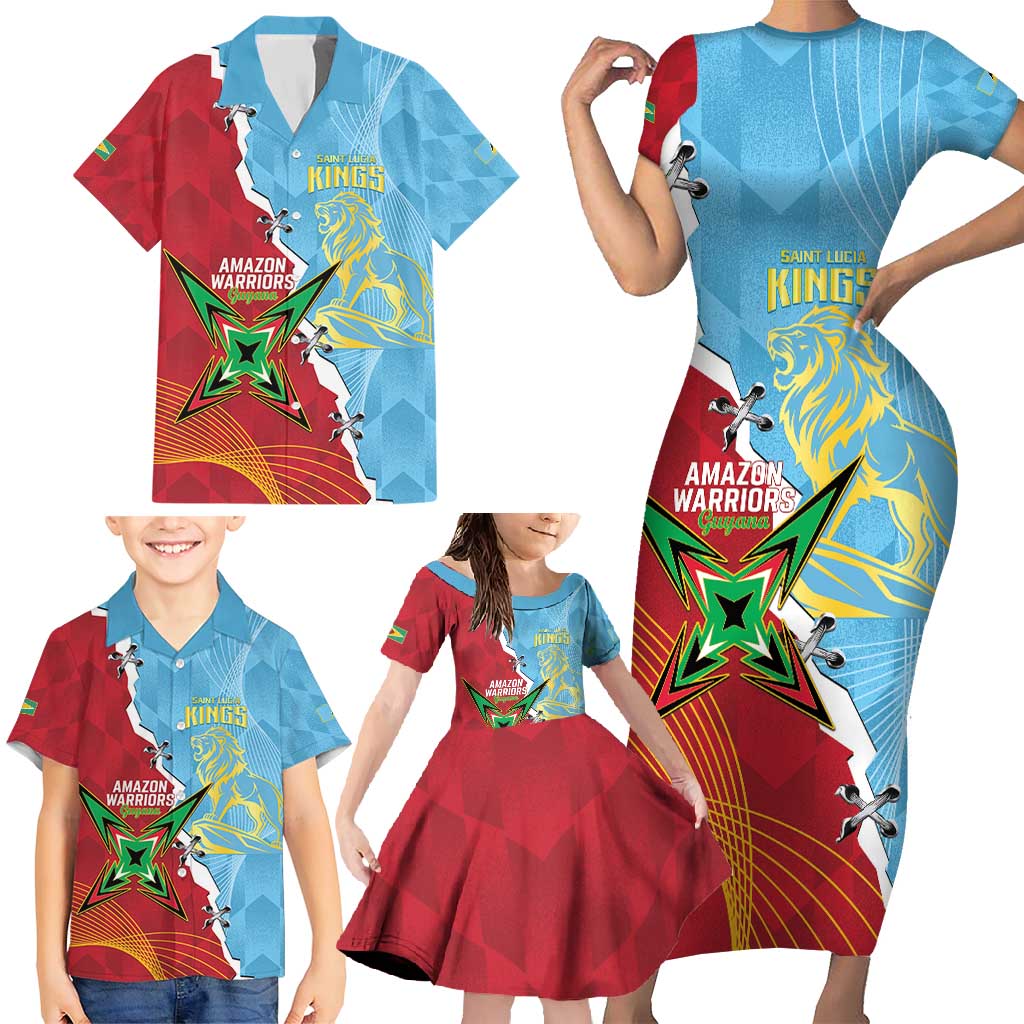Saint Lucia and Guyana Cricket Personalized Family Matching Short Sleeve Bodycon Dress and Hawaiian Shirt Kings Amazon Warriors Together - Wonder Print Shop