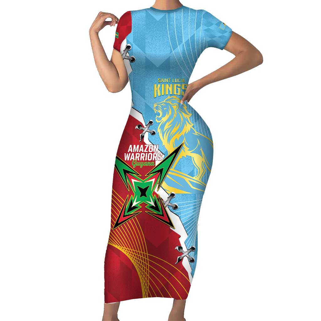 Saint Lucia and Guyana Cricket Personalized Family Matching Short Sleeve Bodycon Dress and Hawaiian Shirt Kings Amazon Warriors Together - Wonder Print Shop