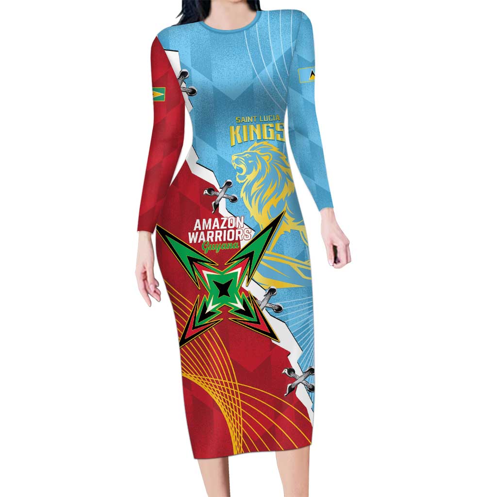 Saint Lucia and Guyana Cricket Personalized Long Sleeve Bodycon Dress Kings Amazon Warriors Together - Wonder Print Shop