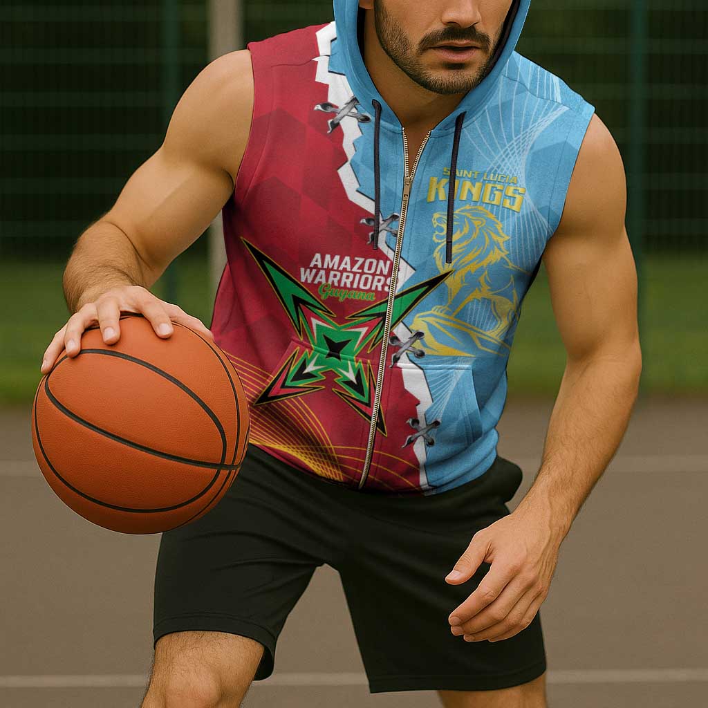 Saint Lucia and Guyana Cricket Personalized Sleeveless Zip Hoodie Kings Amazon Warriors Together - Wonder Print Shop