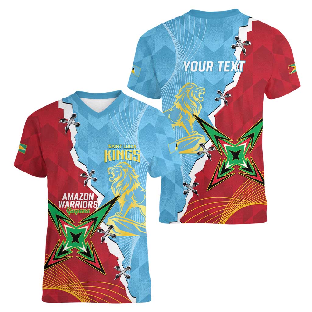 Saint Lucia and Guyana Cricket Personalized Women V-Neck T-Shirt Kings Amazon Warriors Together - Wonder Print Shop