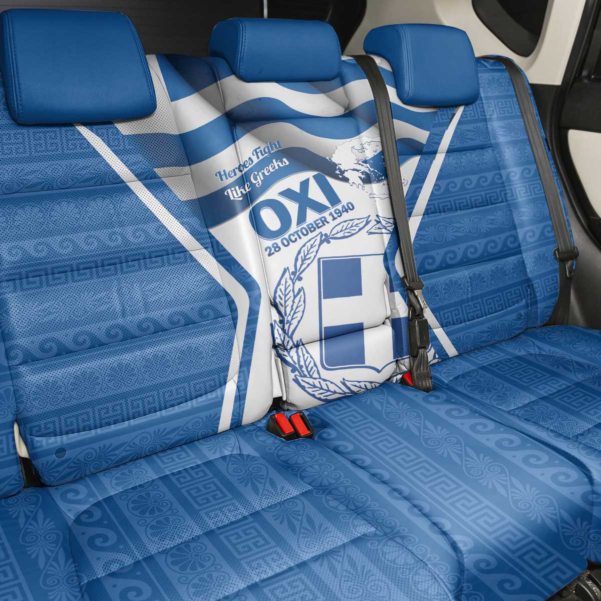 Greece Ohi Day Back Car Seat Cover Hellas Coat Of Arms Greek Pattern - Wonder Print Shop