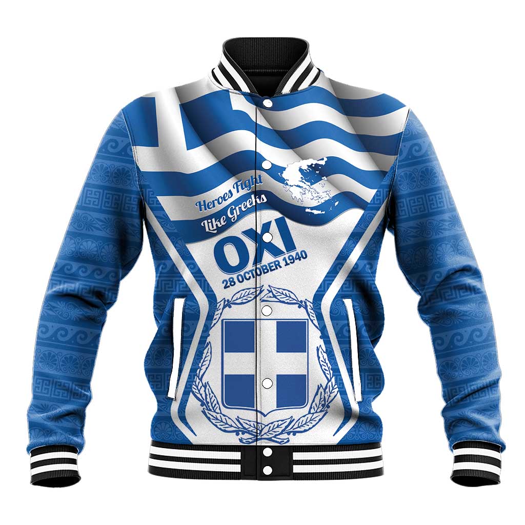 Greece Ohi Day Baseball Jacket Hellas Coat Of Arms Greek Pattern - Wonder Print Shop