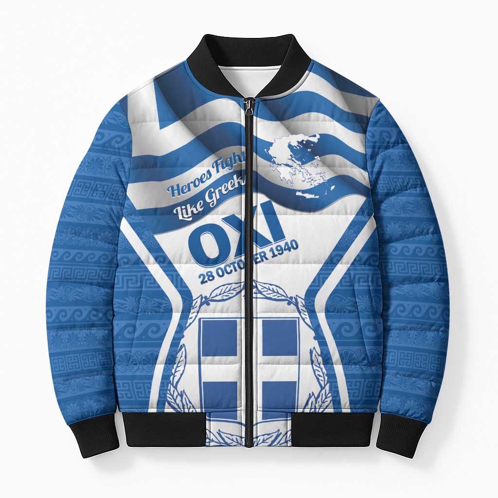 Greece Ohi Day Bomber Puffer Jacket Hellas Coat Of Arms Greek Pattern - Wonder Print Shop