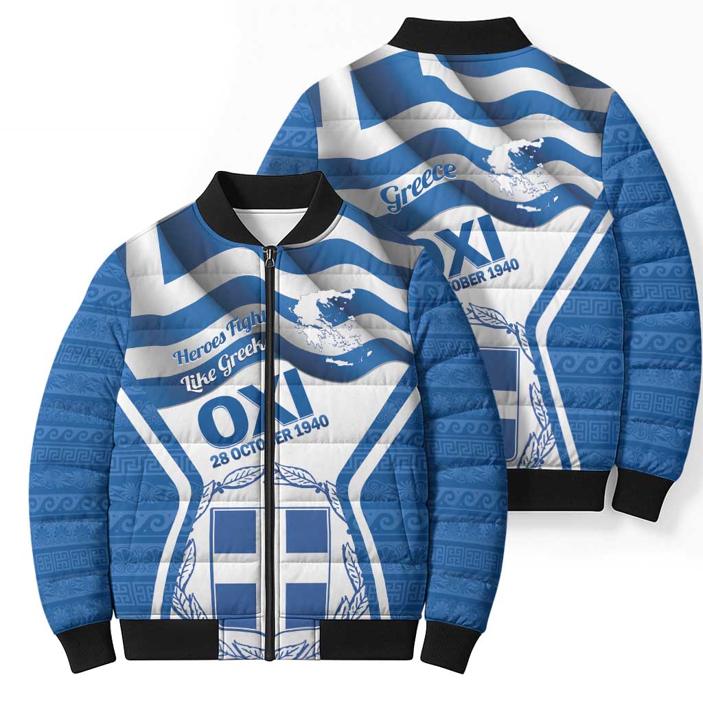 Greece Ohi Day Bomber Puffer Jacket Hellas Coat Of Arms Greek Pattern - Wonder Print Shop
