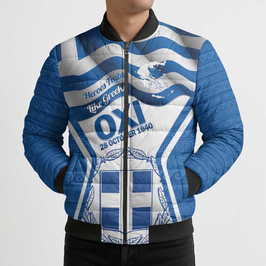 Greece Ohi Day Bomber Puffer Jacket Hellas Coat Of Arms Greek Pattern - Wonder Print Shop