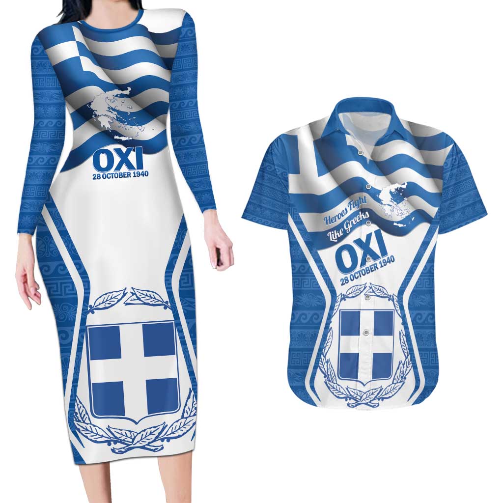 Greece Ohi Day Couples Matching Long Sleeve Bodycon Dress and Hawaiian Shirt Hellas Coat Of Arms Greek Pattern - Wonder Print Shop