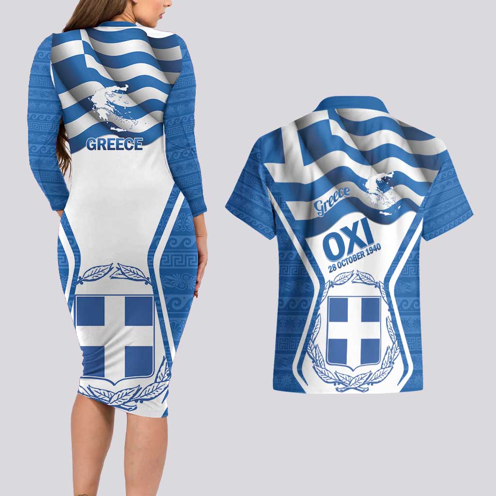 Greece Ohi Day Couples Matching Long Sleeve Bodycon Dress and Hawaiian Shirt Hellas Coat Of Arms Greek Pattern - Wonder Print Shop