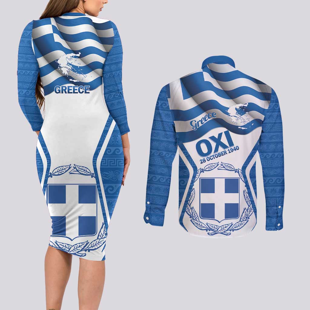 Greece Ohi Day Couples Matching Long Sleeve Bodycon Dress and Long Sleeve Button Shirt Hellas Coat Of Arms Greek Pattern - Wonder Print Shop