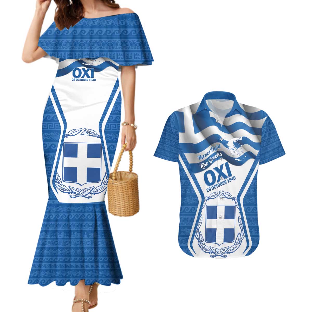 Greece Ohi Day Couples Matching Mermaid Dress and Hawaiian Shirt Hellas Coat Of Arms Greek Pattern - Wonder Print Shop