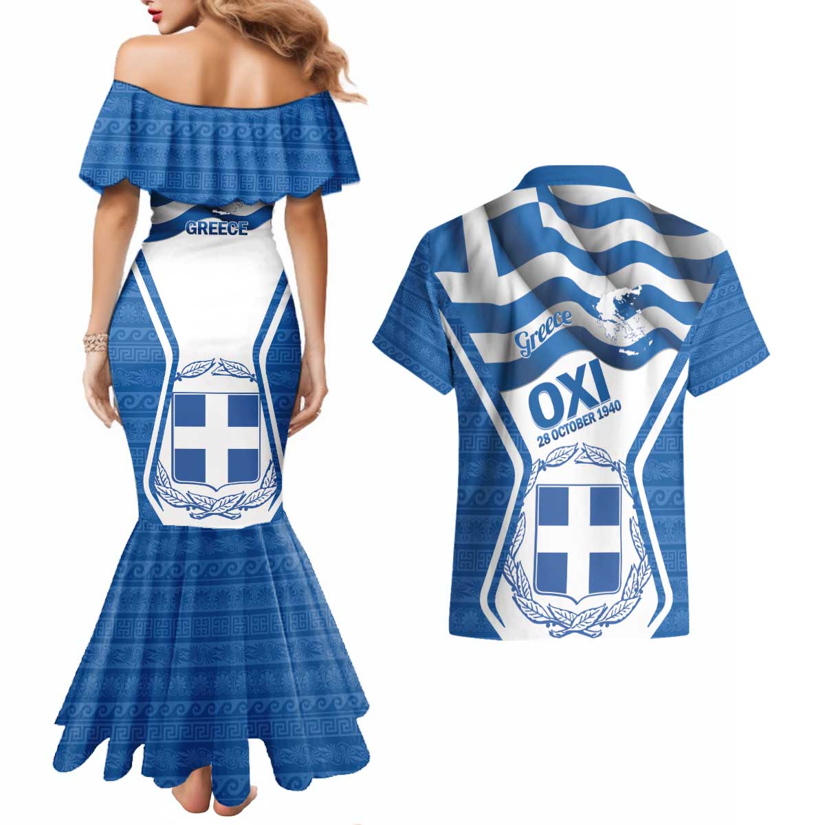 Greece Ohi Day Couples Matching Mermaid Dress and Hawaiian Shirt Hellas Coat Of Arms Greek Pattern - Wonder Print Shop