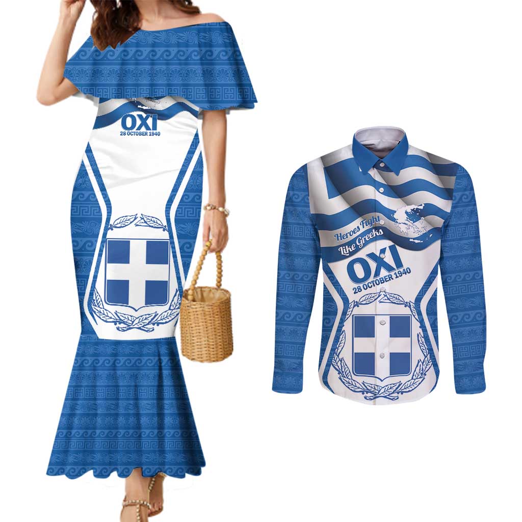Greece Ohi Day Couples Matching Mermaid Dress and Long Sleeve Button Shirt Hellas Coat Of Arms Greek Pattern - Wonder Print Shop
