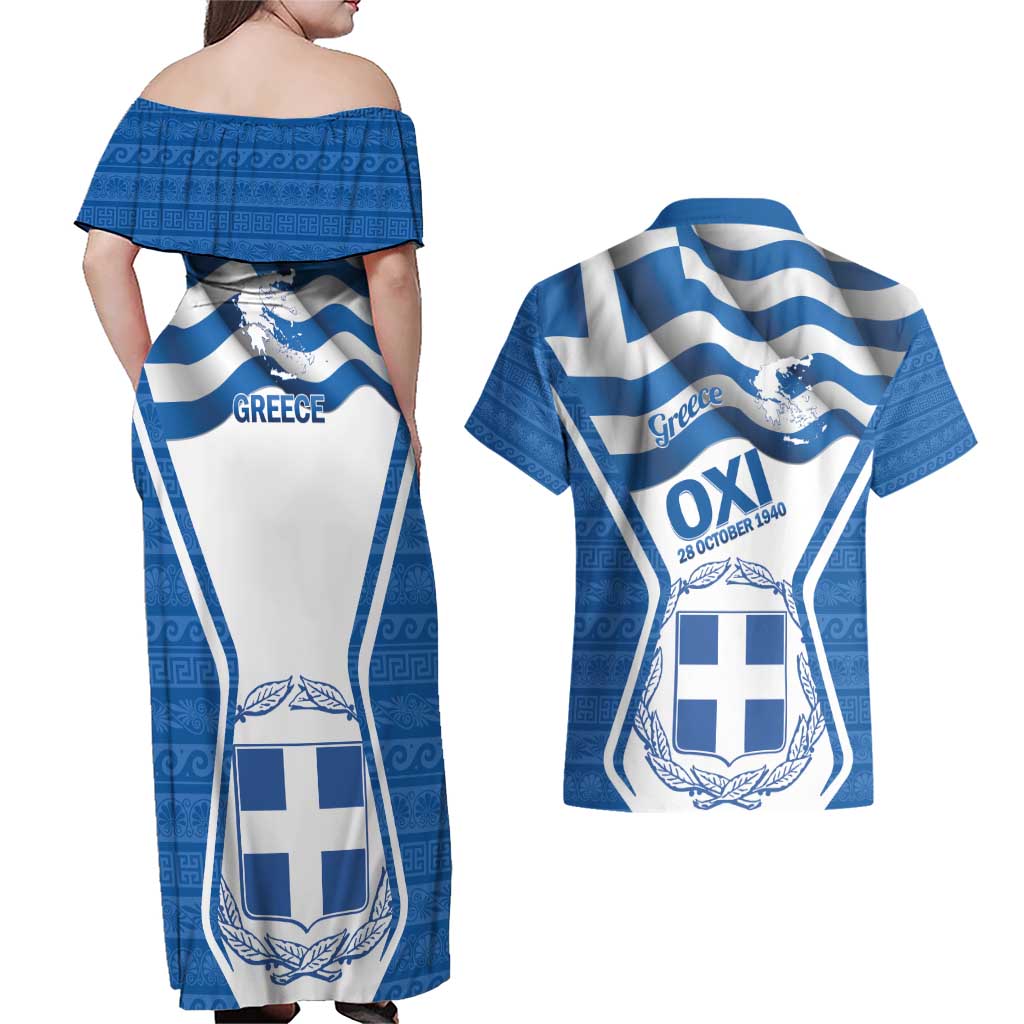 Greece Ohi Day Couples Matching Off Shoulder Maxi Dress and Hawaiian Shirt Hellas Coat Of Arms Greek Pattern - Wonder Print Shop