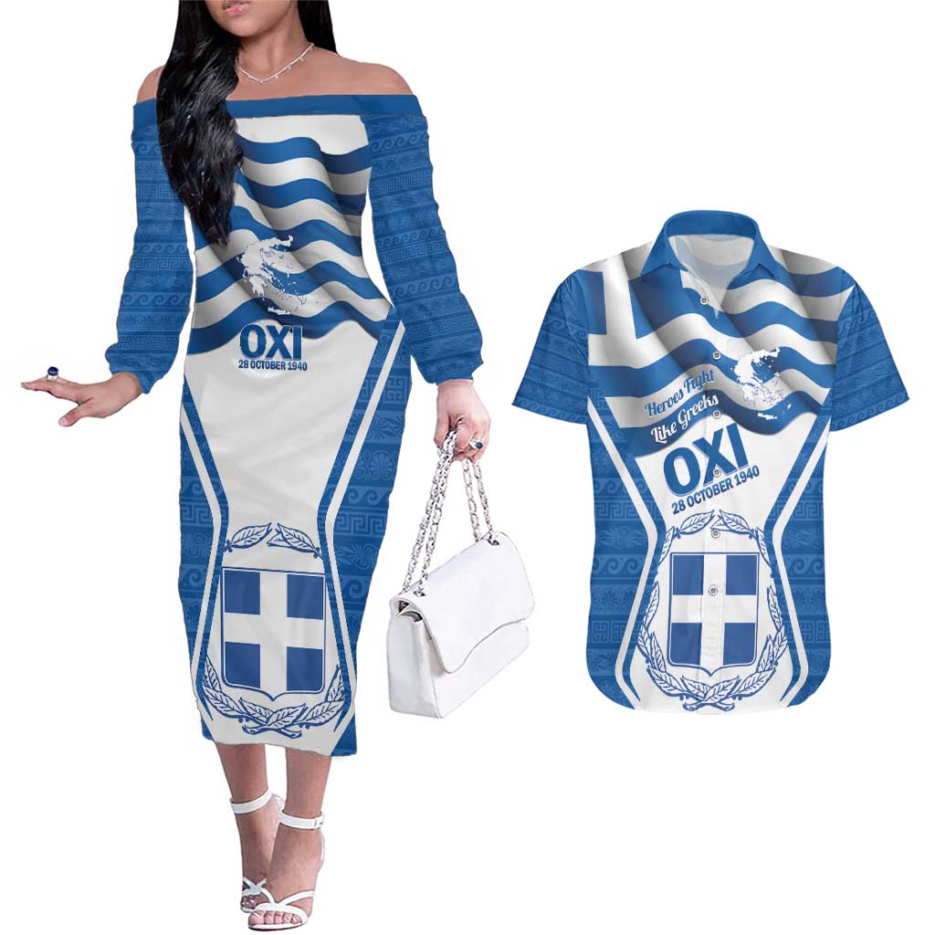 Greece Ohi Day Couples Matching Off The Shoulder Long Sleeve Dress and Hawaiian Shirt Hellas Coat Of Arms Greek Pattern - Wonder Print Shop