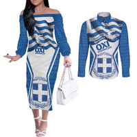 Greece Ohi Day Couples Matching Off The Shoulder Long Sleeve Dress and Long Sleeve Button Shirt Hellas Coat Of Arms Greek Pattern - Wonder Print Shop