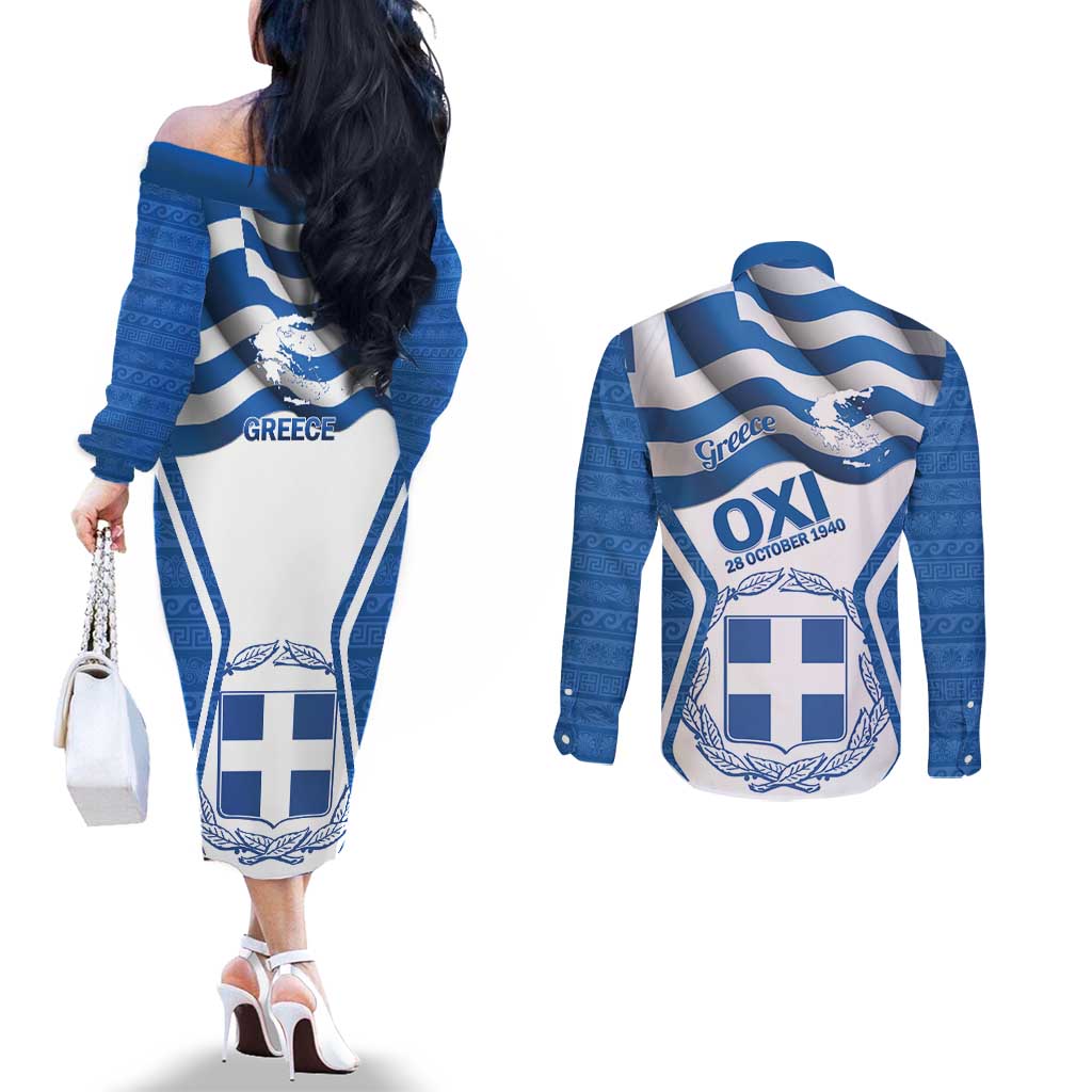 Greece Ohi Day Couples Matching Off The Shoulder Long Sleeve Dress and Long Sleeve Button Shirt Hellas Coat Of Arms Greek Pattern - Wonder Print Shop