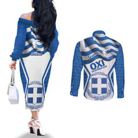 Greece Ohi Day Couples Matching Off The Shoulder Long Sleeve Dress and Long Sleeve Button Shirt Hellas Coat Of Arms Greek Pattern - Wonder Print Shop