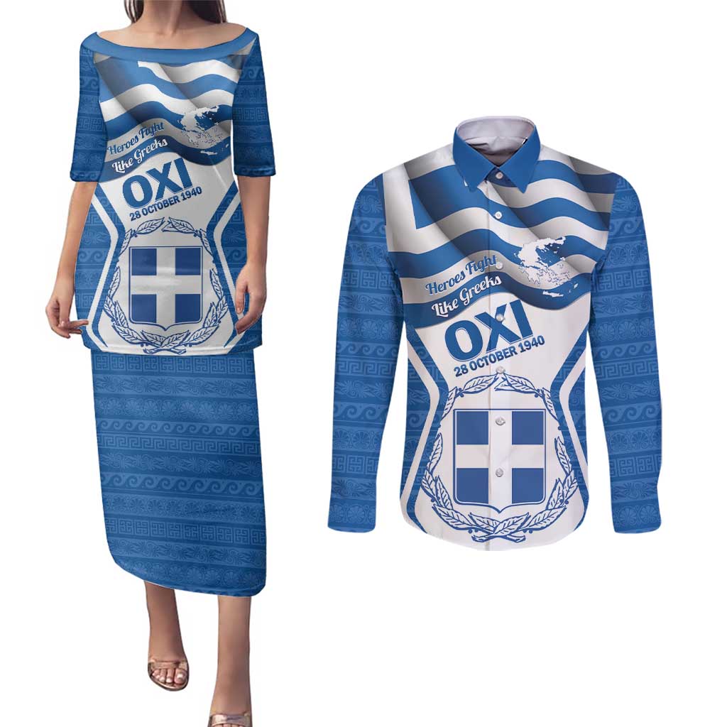 Greece Ohi Day Couples Matching Puletasi and Long Sleeve Button Shirt Hellas Coat Of Arms Greek Pattern - Wonder Print Shop