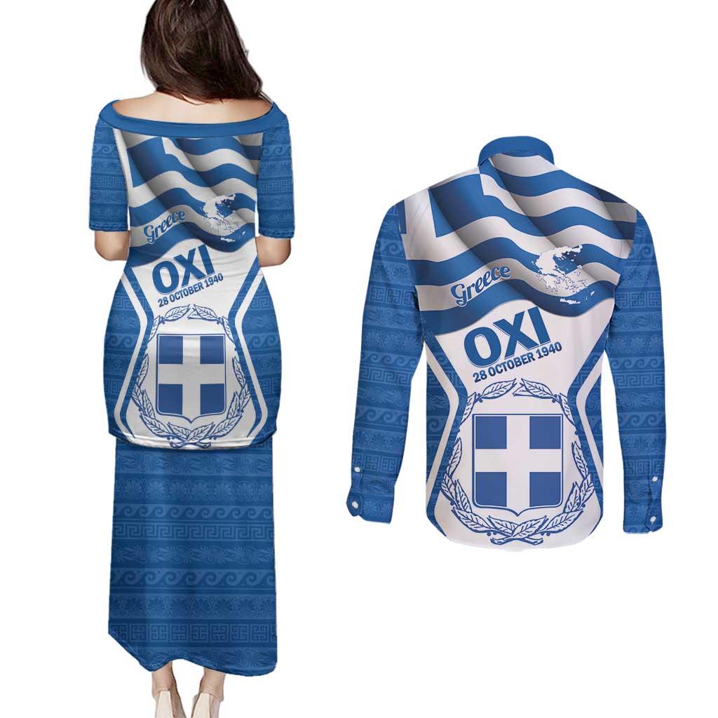 Greece Ohi Day Couples Matching Puletasi and Long Sleeve Button Shirt Hellas Coat Of Arms Greek Pattern - Wonder Print Shop
