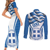 Greece Ohi Day Couples Matching Short Sleeve Bodycon Dress and Long Sleeve Button Shirt Hellas Coat Of Arms Greek Pattern - Wonder Print Shop