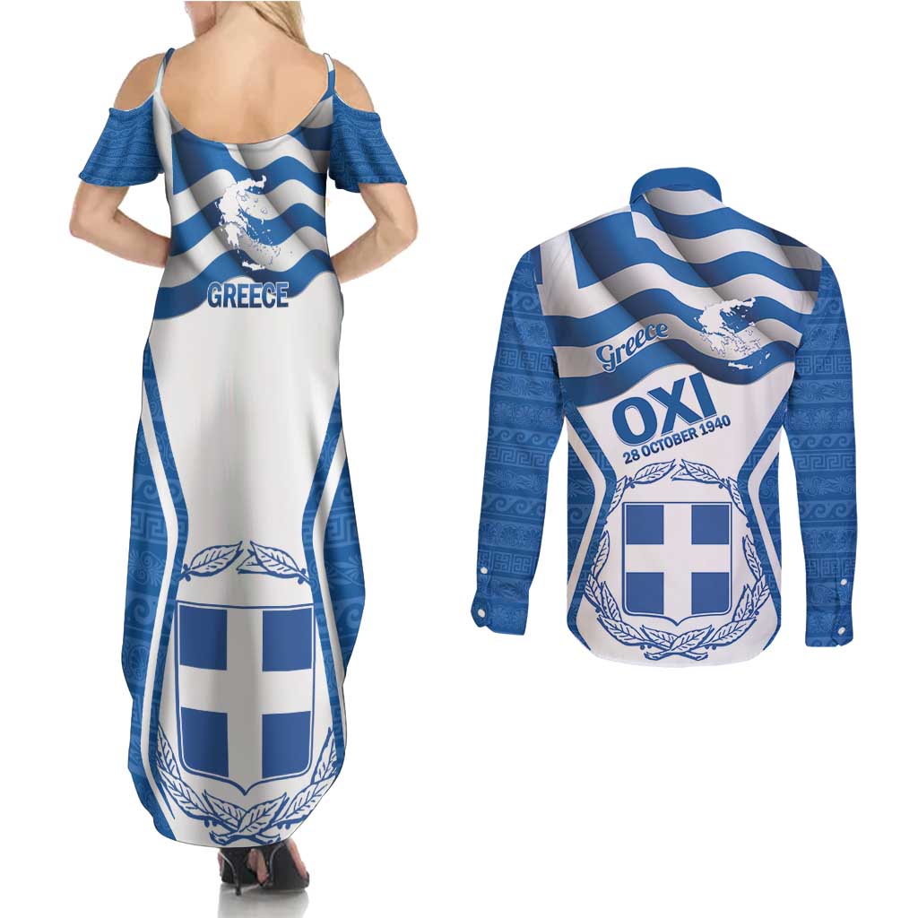 Greece Ohi Day Couples Matching Summer Maxi Dress and Long Sleeve Button Shirt Hellas Coat Of Arms Greek Pattern - Wonder Print Shop