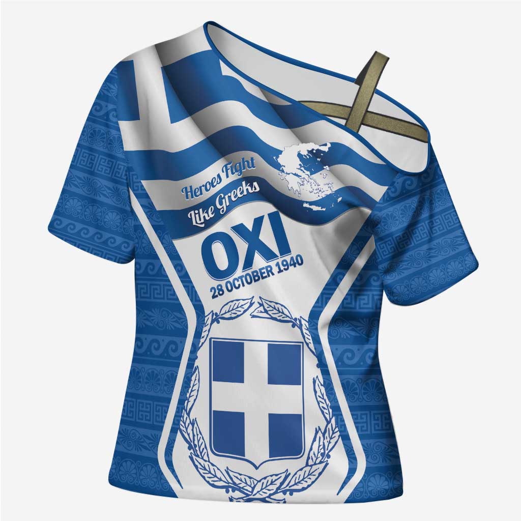 Greece Ohi Day Cross Shoulder Shirt Hellas Coat Of Arms Greek Pattern - Wonder Print Shop