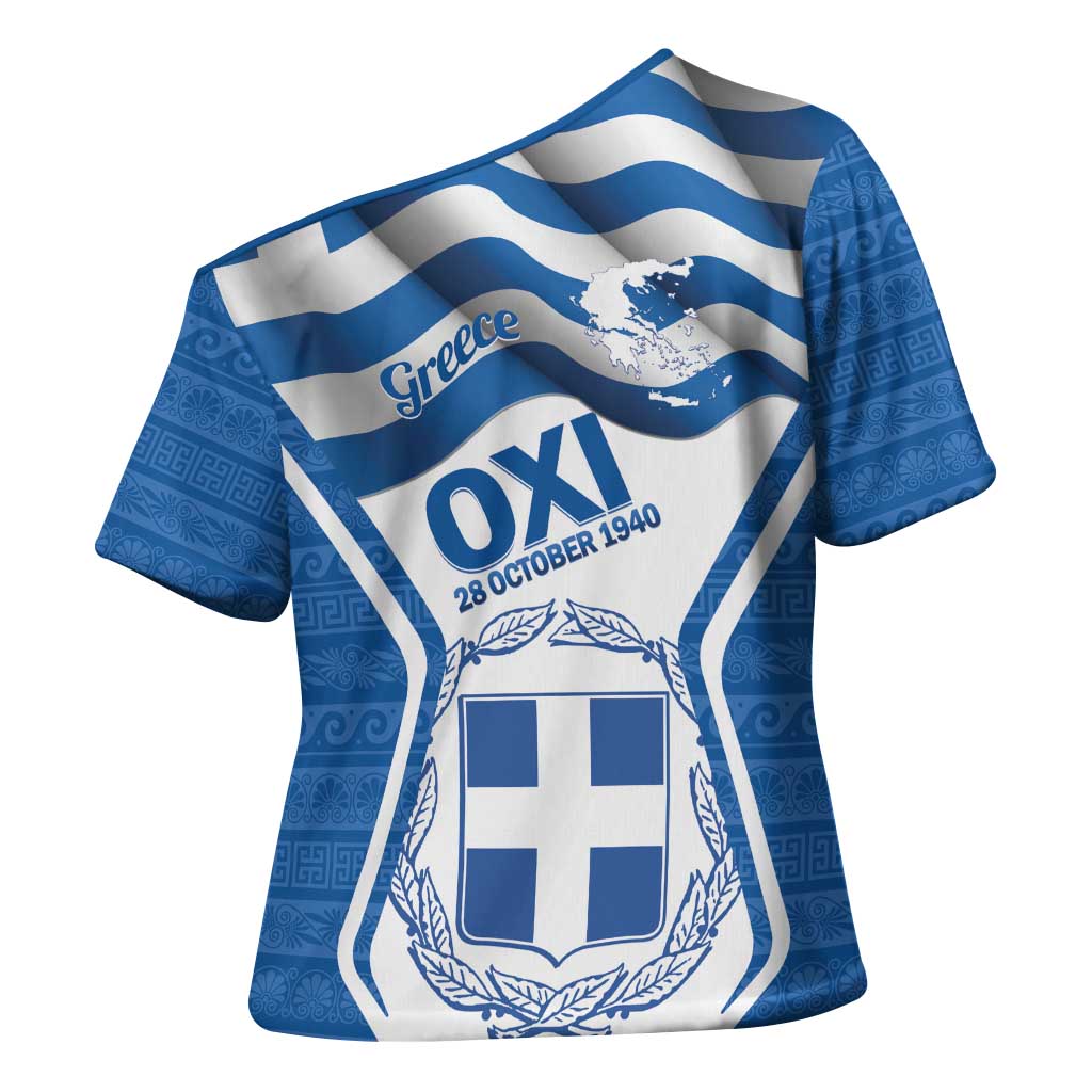 Greece Ohi Day Cross Shoulder Shirt Hellas Coat Of Arms Greek Pattern - Wonder Print Shop