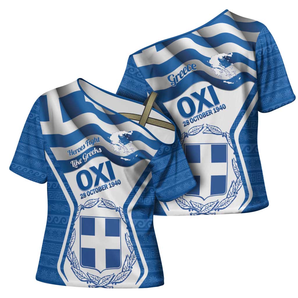 Greece Ohi Day Cross Shoulder Shirt Hellas Coat Of Arms Greek Pattern - Wonder Print Shop