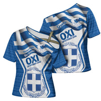 Greece Ohi Day Cross Shoulder Shirt Hellas Coat Of Arms Greek Pattern - Wonder Print Shop