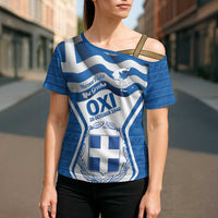 Greece Ohi Day Cross Shoulder Shirt Hellas Coat Of Arms Greek Pattern - Wonder Print Shop