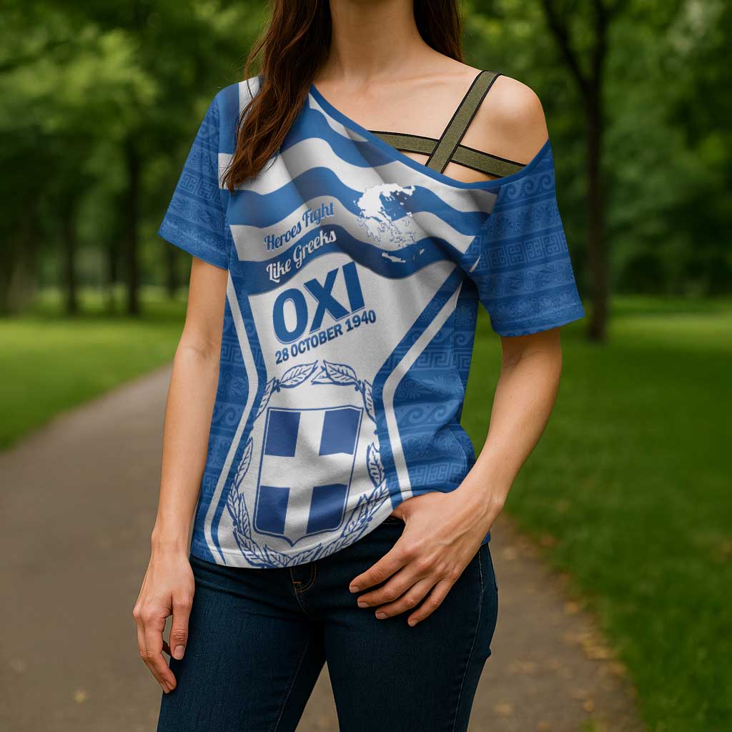 Greece Ohi Day Cross Shoulder Shirt Hellas Coat Of Arms Greek Pattern - Wonder Print Shop