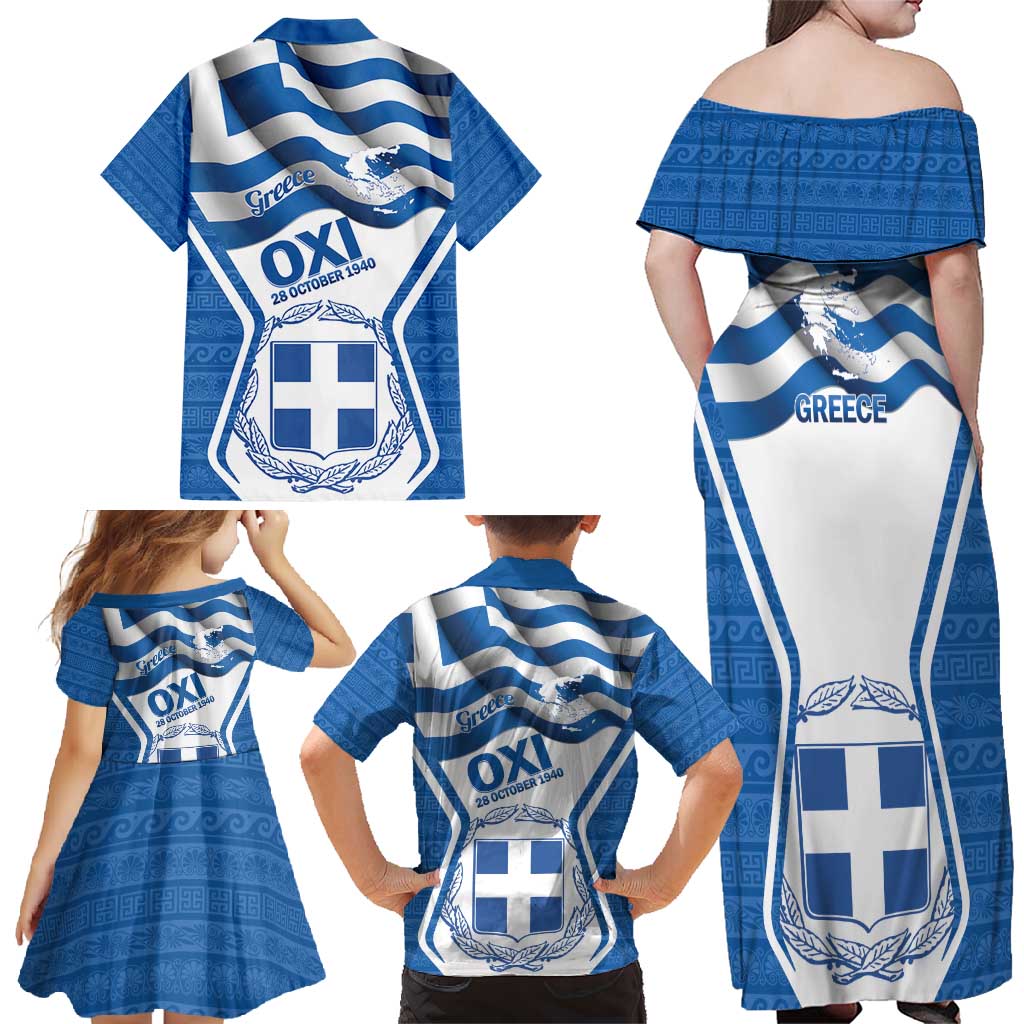 Greece Ohi Day Family Matching Off Shoulder Maxi Dress and Hawaiian Shirt Hellas Coat Of Arms Greek Pattern - Wonder Print Shop