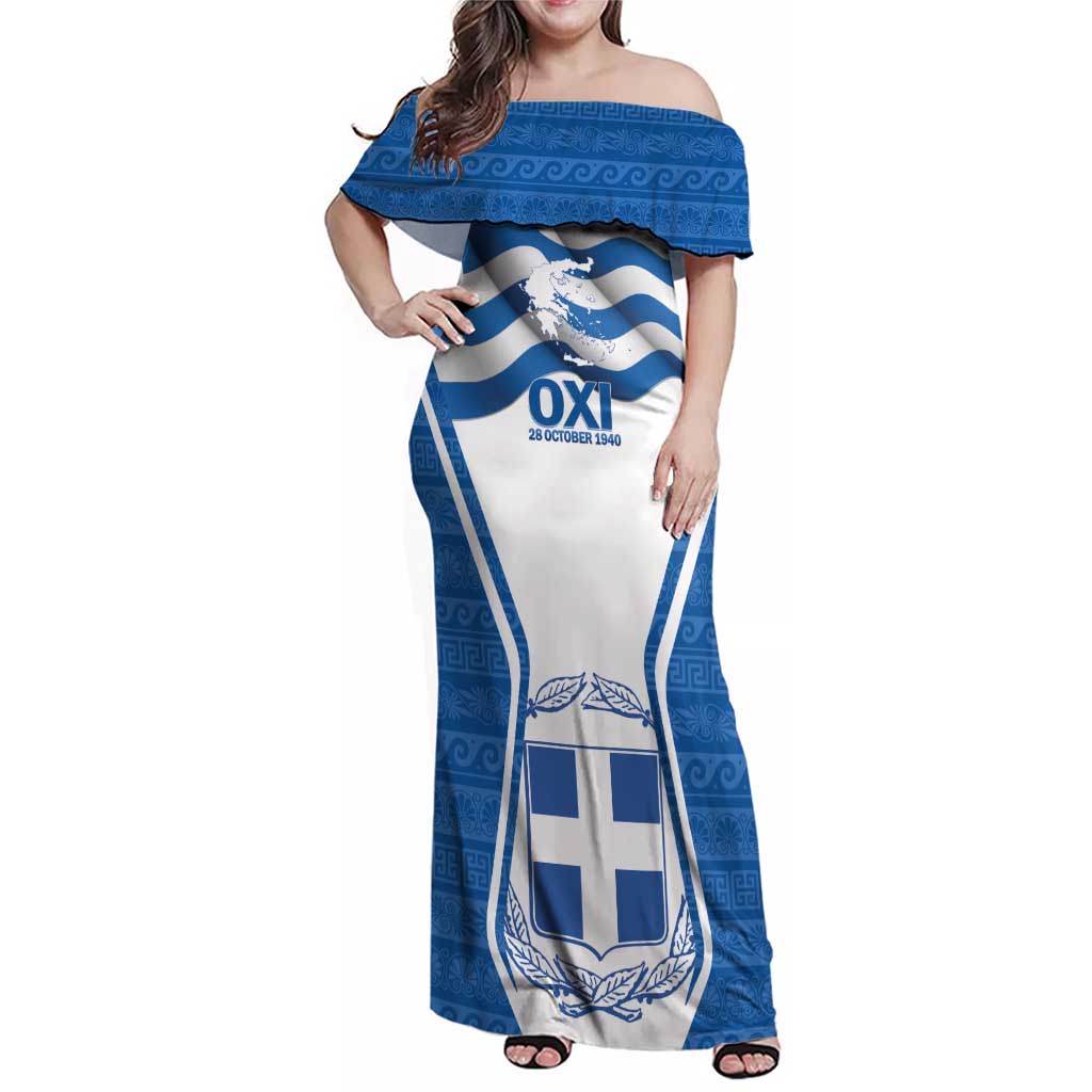 Greece Ohi Day Family Matching Off Shoulder Maxi Dress and Hawaiian Shirt Hellas Coat Of Arms Greek Pattern - Wonder Print Shop