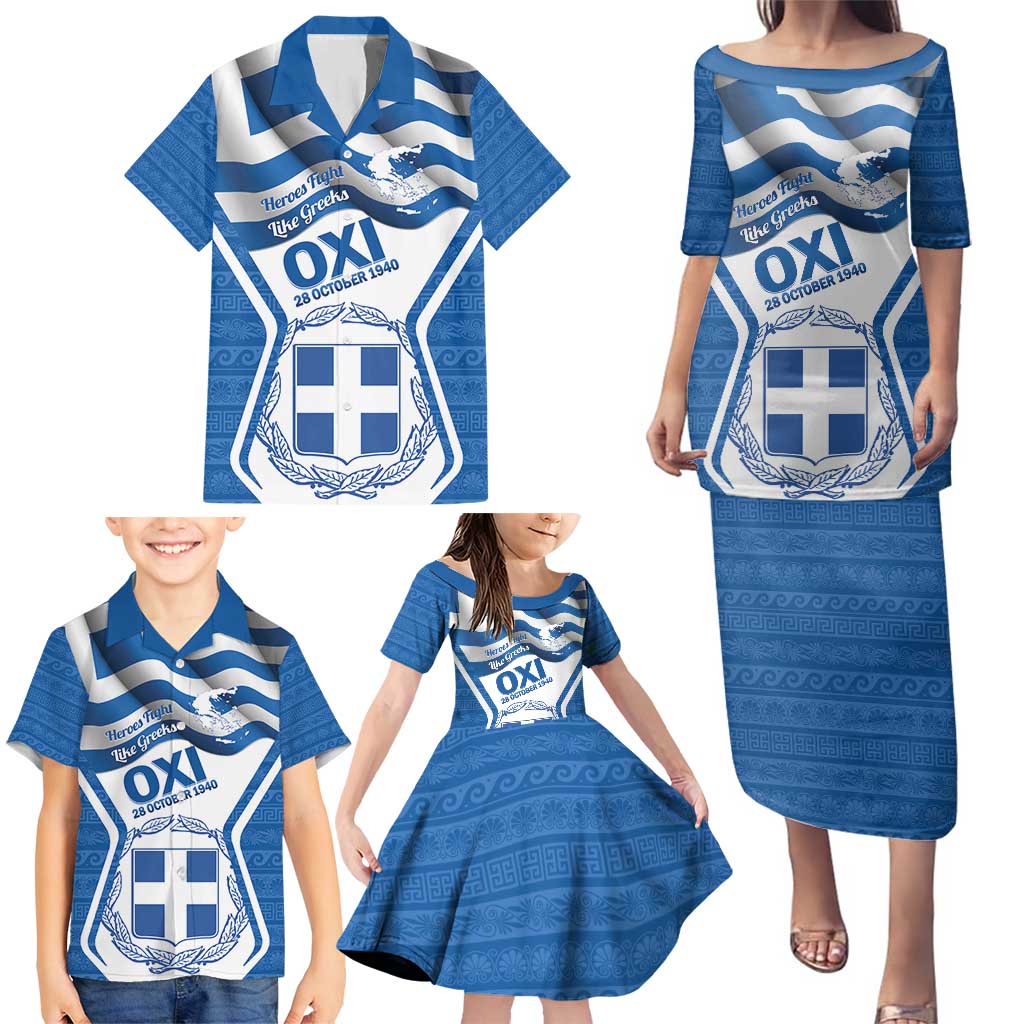 Greece Ohi Day Family Matching Puletasi and Hawaiian Shirt Hellas Coat Of Arms Greek Pattern - Wonder Print Shop