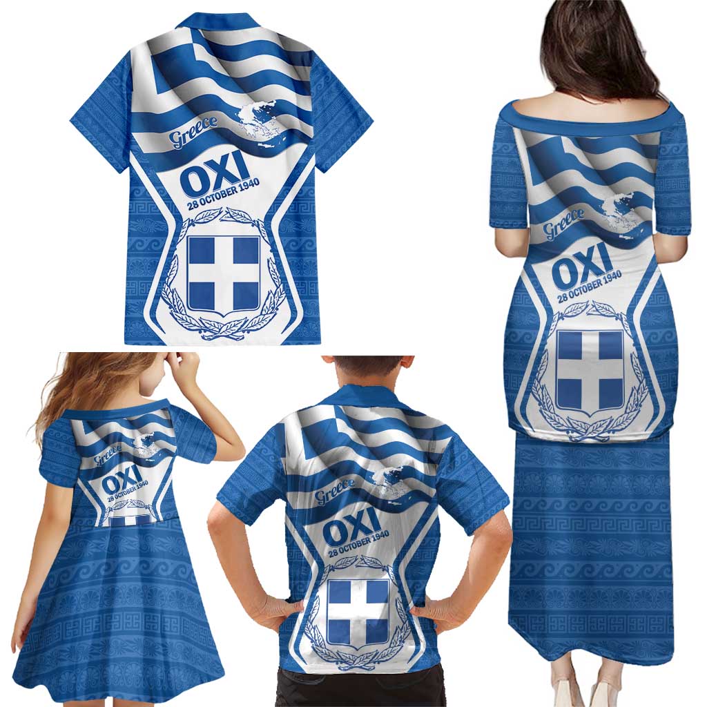 Greece Ohi Day Family Matching Puletasi and Hawaiian Shirt Hellas Coat Of Arms Greek Pattern - Wonder Print Shop